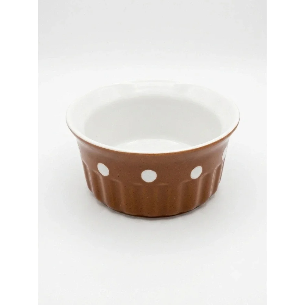 Savinio Designs Brown White Polka Dot Fluted Stoneware Ramekin Small Baking Bowl
